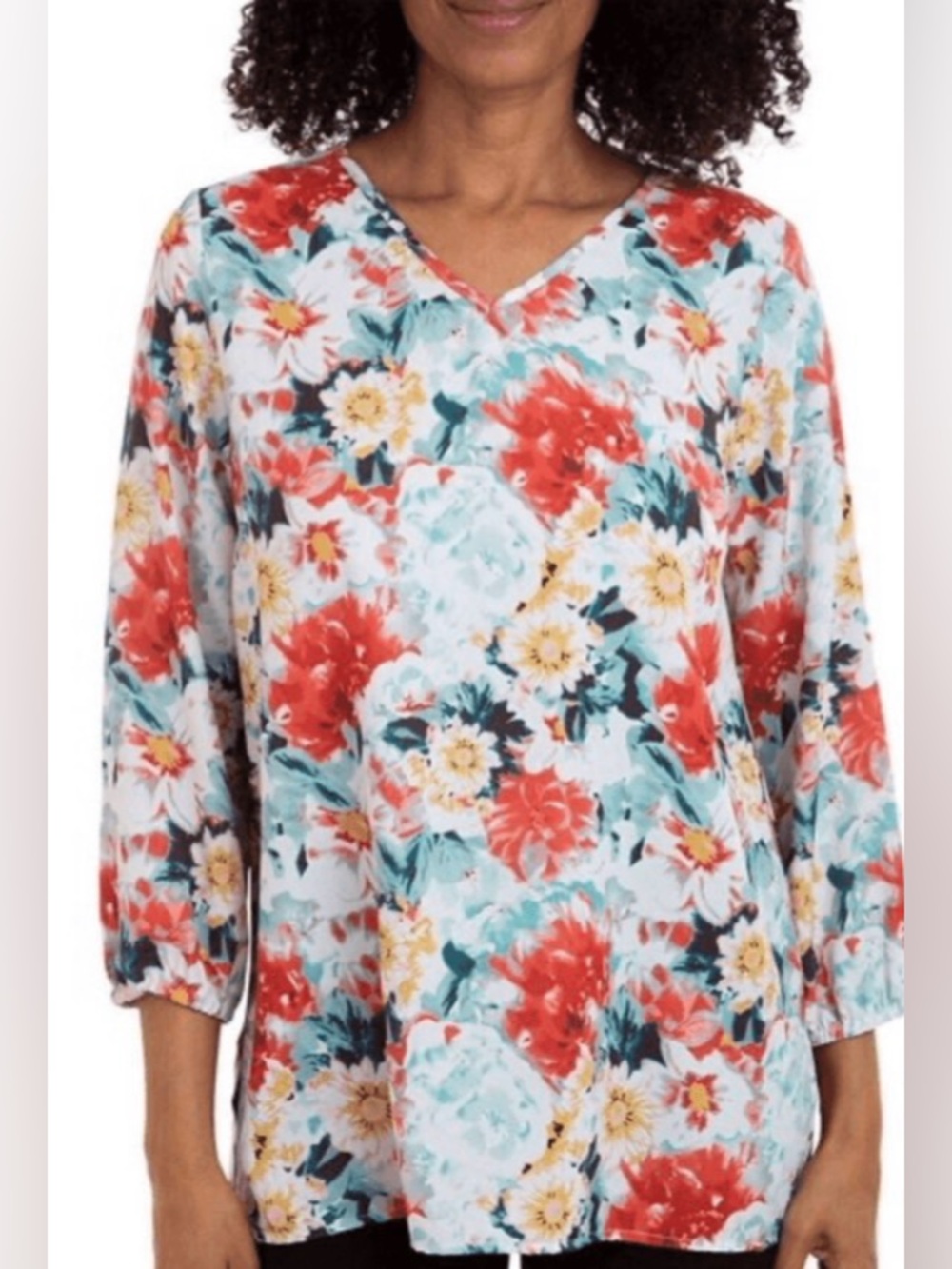 3/$30 Sale! Mario Serrani Floral V-Neck Tunic Coral Aqua Yellow 3/4 Sleeve Small